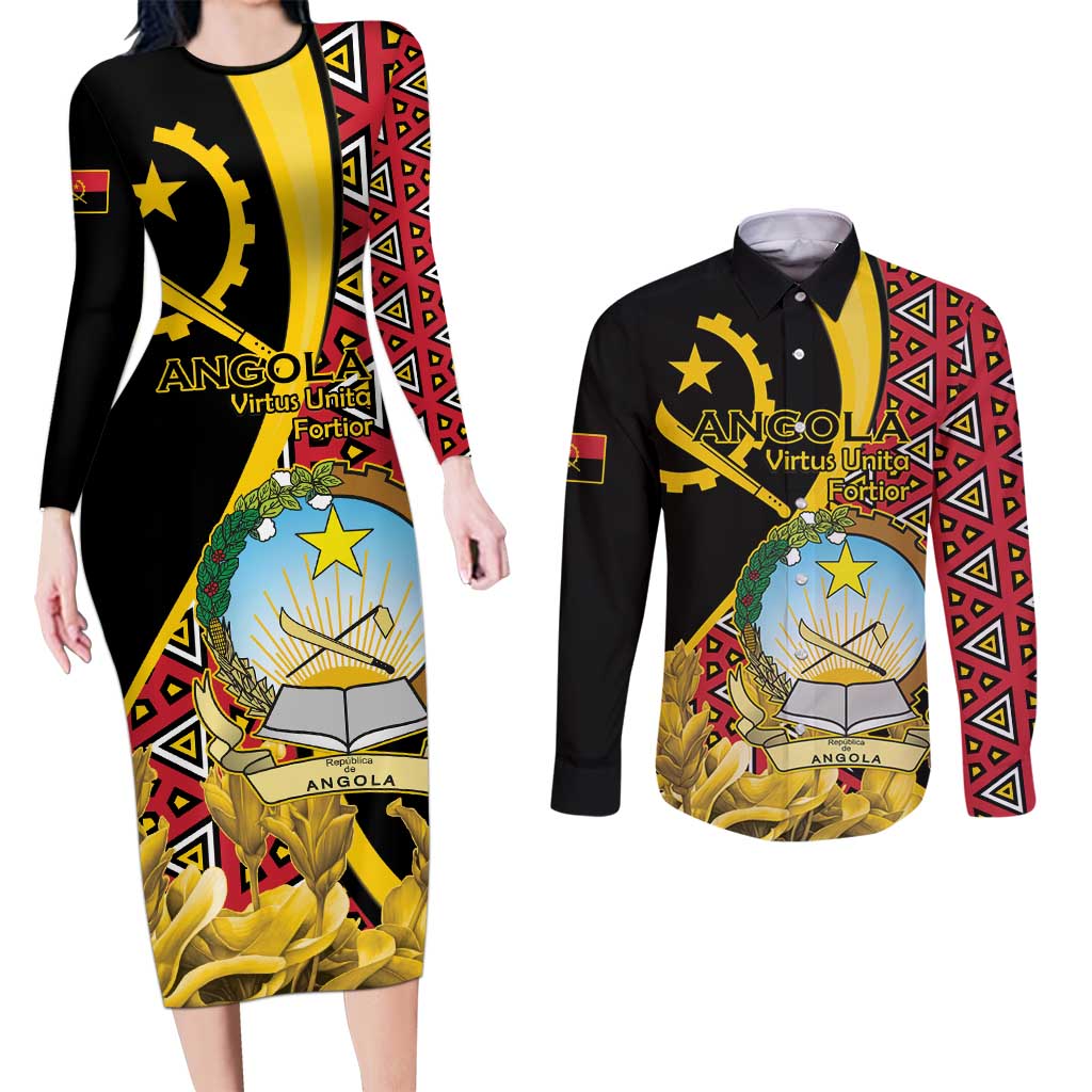 Personalized Angola Couples Matching Long Sleeve Bodycon Dress and Long Sleeve Button Shirt Coat Of Arms Welwitschia Mirabilis