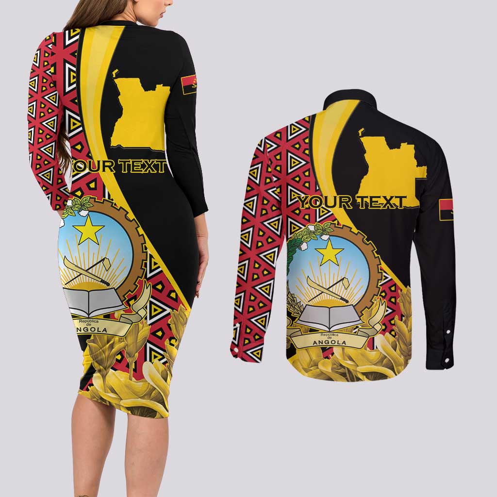 Personalized Angola Couples Matching Long Sleeve Bodycon Dress and Long Sleeve Button Shirt Coat Of Arms Welwitschia Mirabilis