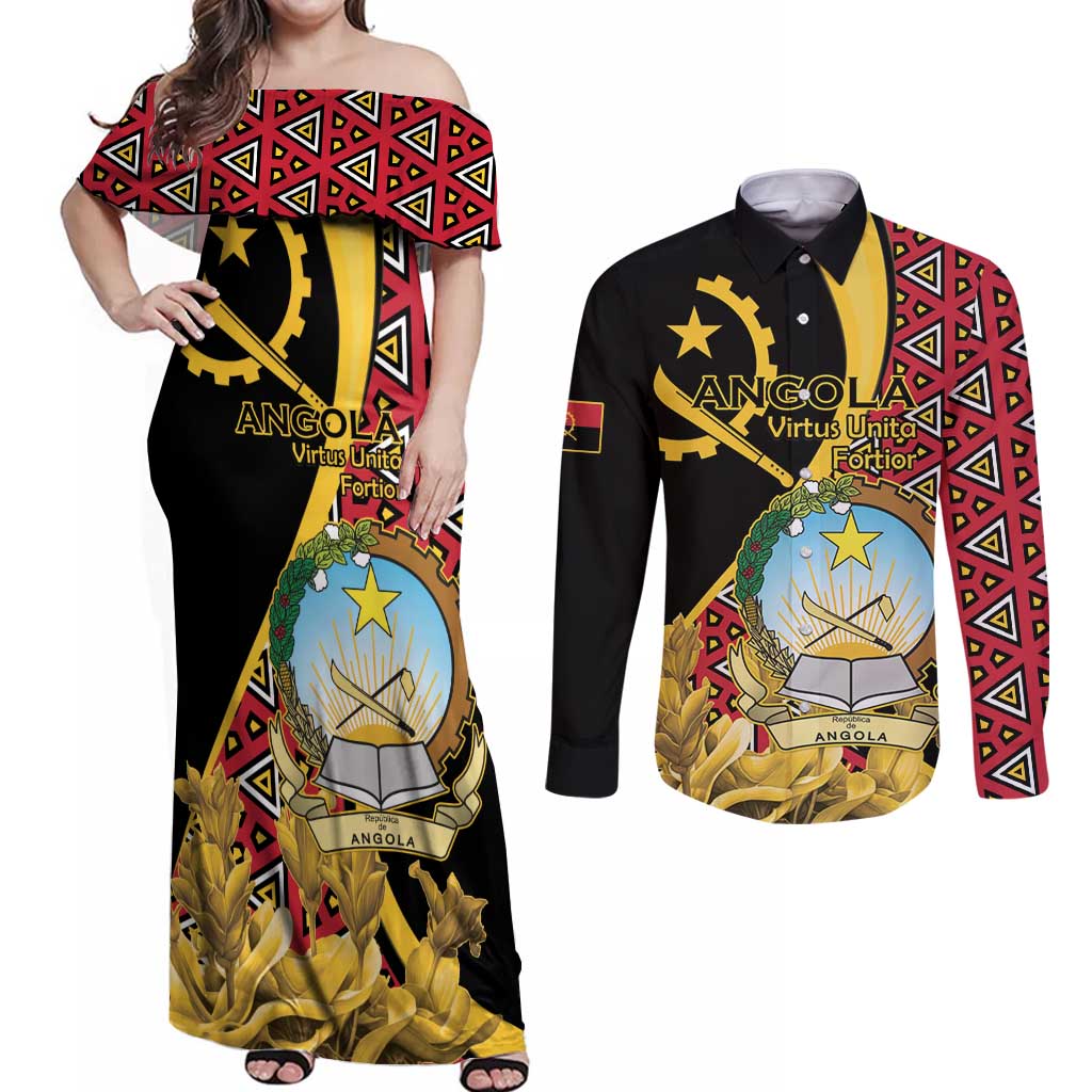 Personalized Angola Couples Matching Off Shoulder Maxi Dress and Long Sleeve Button Shirt Coat Of Arms Welwitschia Mirabilis
