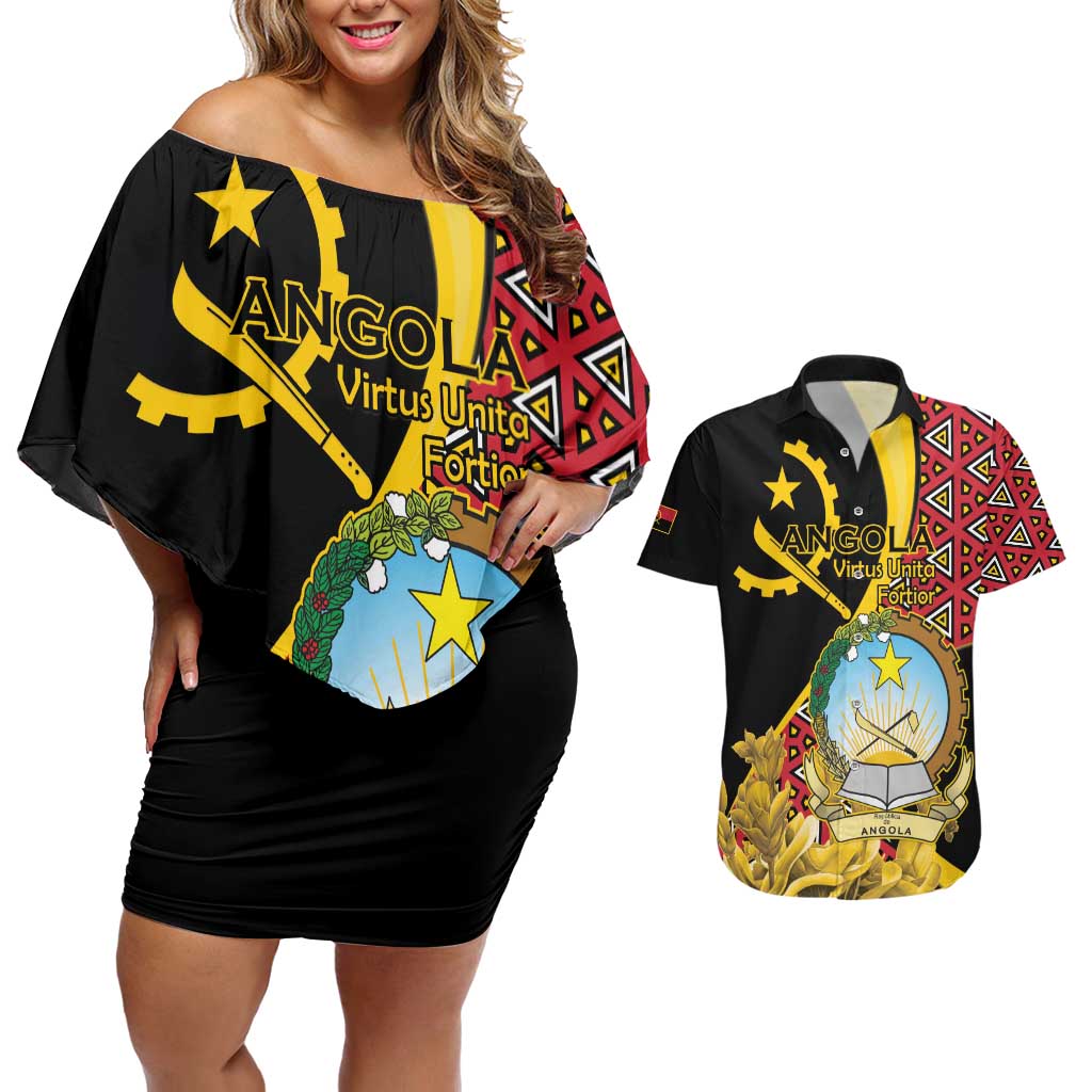 Personalized Angola Couples Matching Off Shoulder Short Dress and Hawaiian Shirt Coat Of Arms Welwitschia Mirabilis