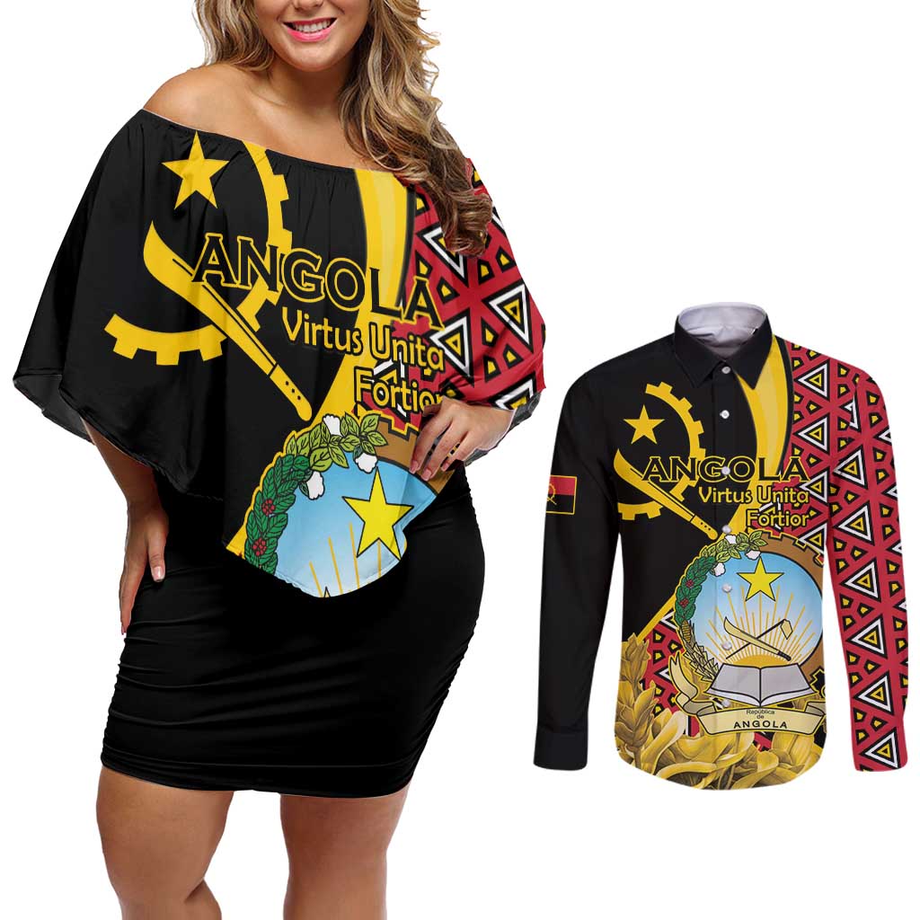 Personalized Angola Couples Matching Off Shoulder Short Dress and Long Sleeve Button Shirt Coat Of Arms Welwitschia Mirabilis