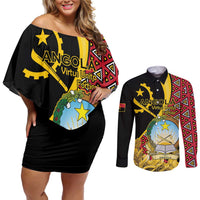 Personalized Angola Couples Matching Off Shoulder Short Dress and Long Sleeve Button Shirt Coat Of Arms Welwitschia Mirabilis
