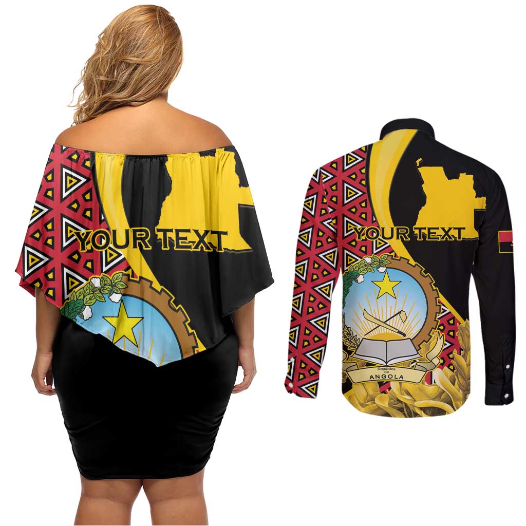 Personalized Angola Couples Matching Off Shoulder Short Dress and Long Sleeve Button Shirt Coat Of Arms Welwitschia Mirabilis