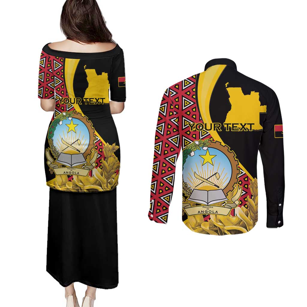 Personalized Angola Couples Matching Puletasi and Long Sleeve Button Shirt Coat Of Arms Welwitschia Mirabilis