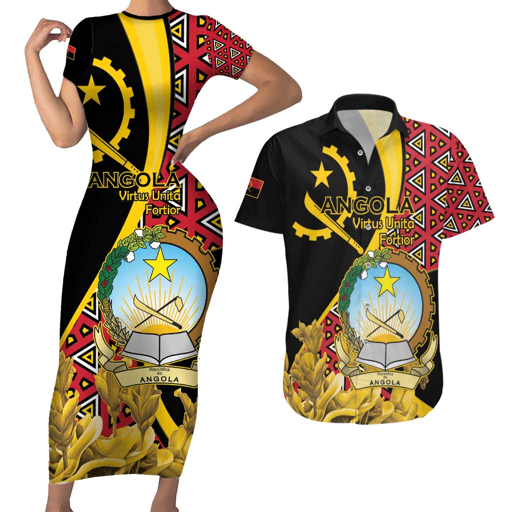 Personalized Angola Couples Matching Short Sleeve Bodycon Dress and Hawaiian Shirt Coat Of Arms Welwitschia Mirabilis