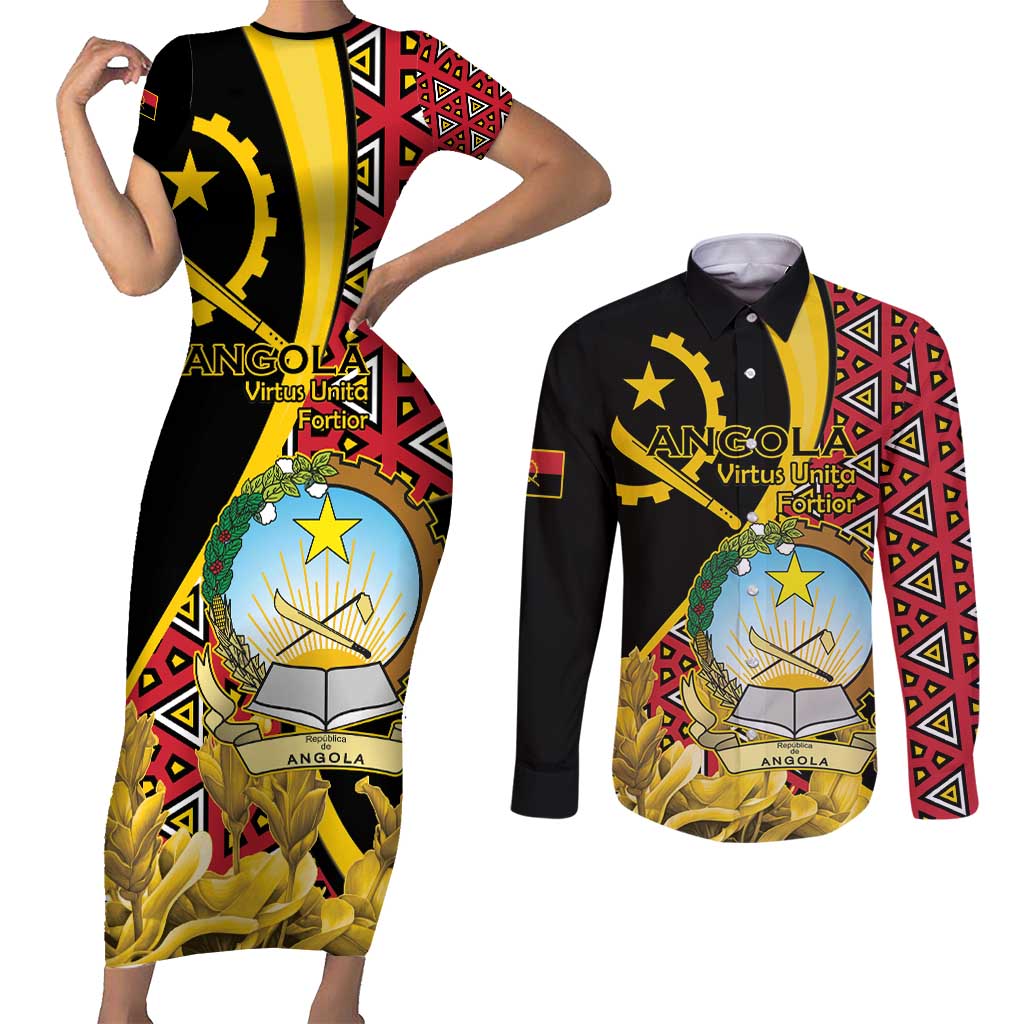 Personalized Angola Couples Matching Short Sleeve Bodycon Dress and Long Sleeve Button Shirt Coat Of Arms Welwitschia Mirabilis