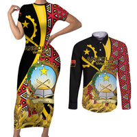 Personalized Angola Couples Matching Short Sleeve Bodycon Dress and Long Sleeve Button Shirt Coat Of Arms Welwitschia Mirabilis