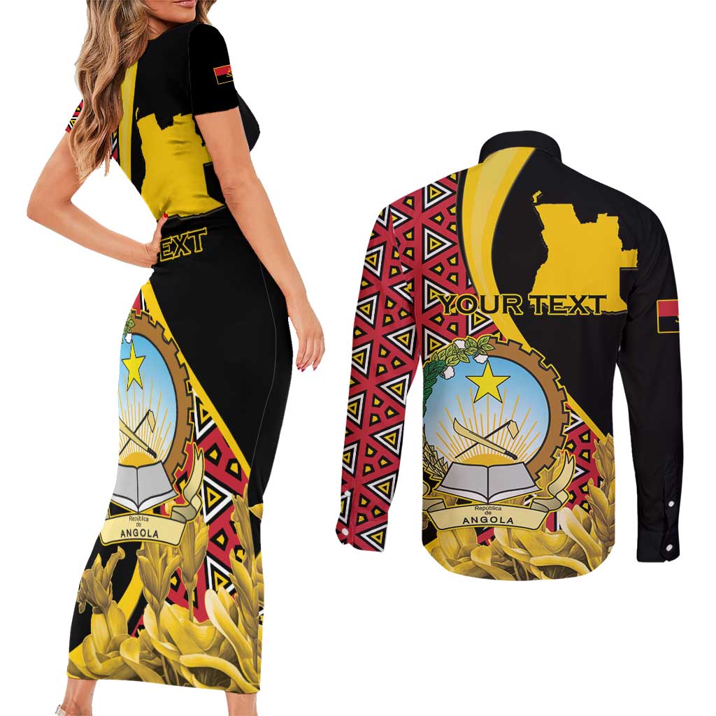 Personalized Angola Couples Matching Short Sleeve Bodycon Dress and Long Sleeve Button Shirt Coat Of Arms Welwitschia Mirabilis