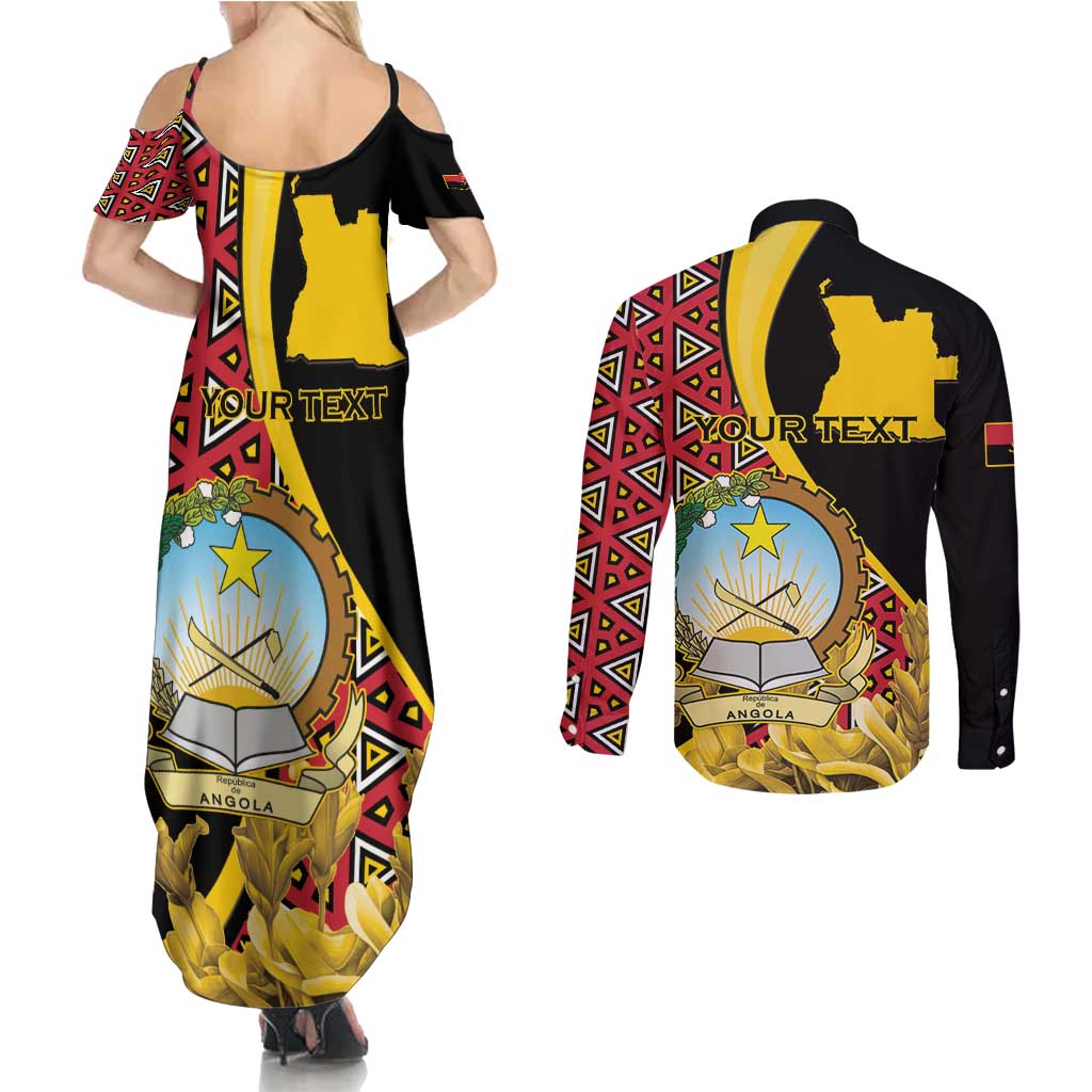 Personalized Angola Couples Matching Summer Maxi Dress and Long Sleeve Button Shirt Coat Of Arms Welwitschia Mirabilis