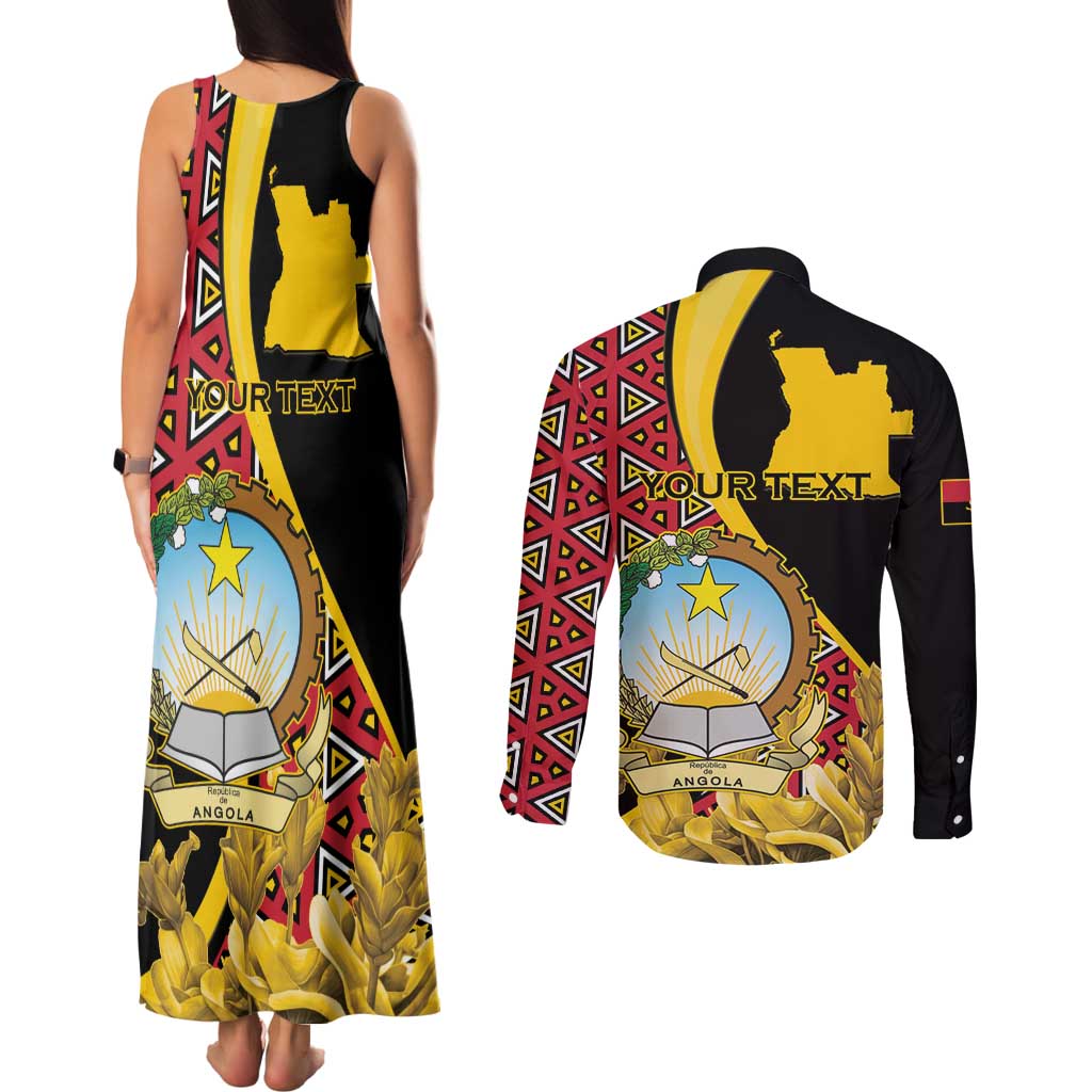 Personalized Angola Couples Matching Tank Maxi Dress and Long Sleeve Button Shirt Coat Of Arms Welwitschia Mirabilis