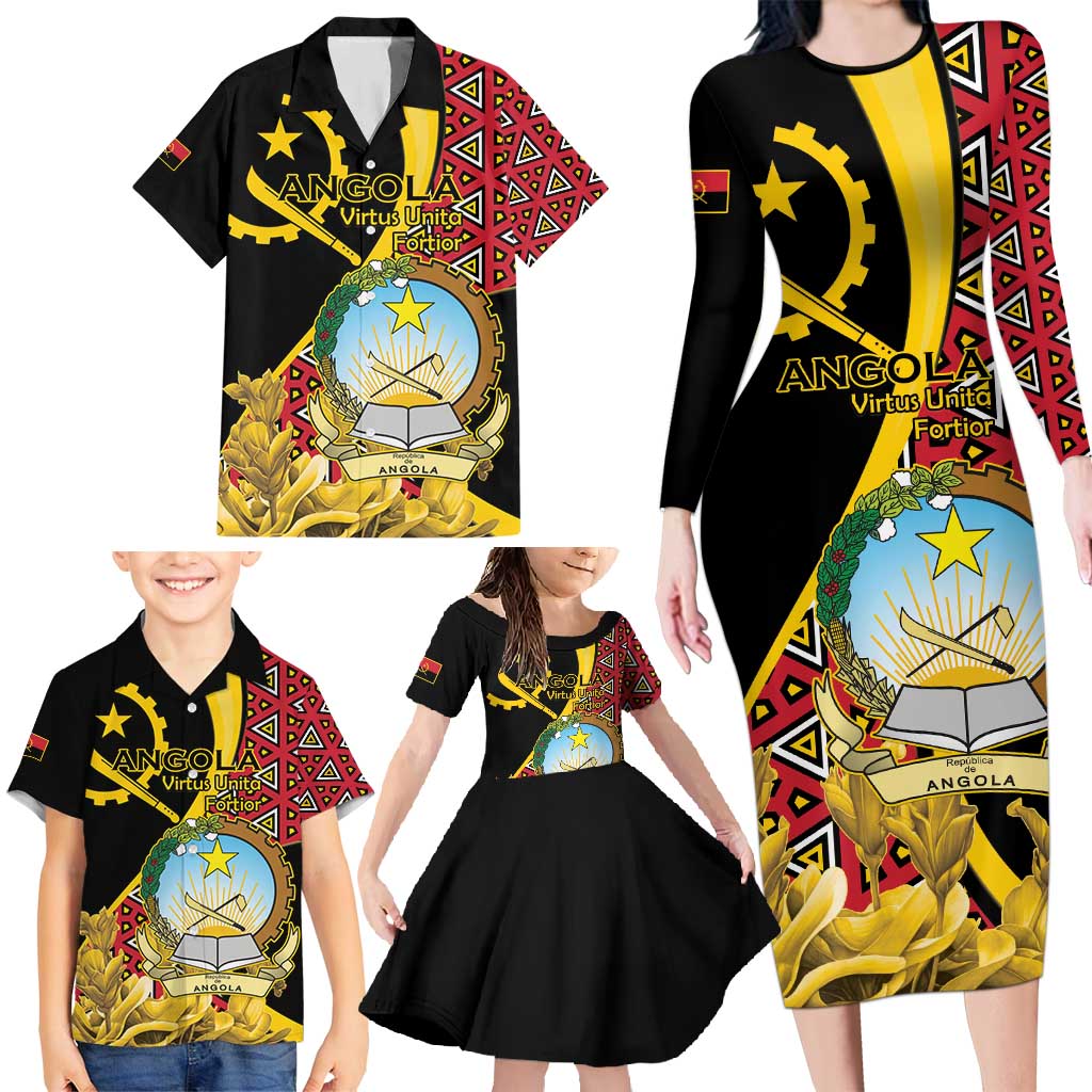 Personalized Angola Family Matching Long Sleeve Bodycon Dress and Hawaiian Shirt Coat Of Arms Welwitschia Mirabilis