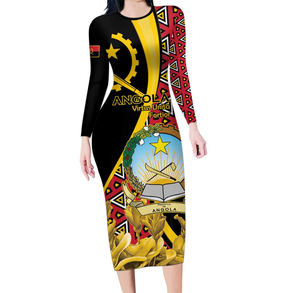Personalized Angola Family Matching Long Sleeve Bodycon Dress and Hawaiian Shirt Coat Of Arms Welwitschia Mirabilis