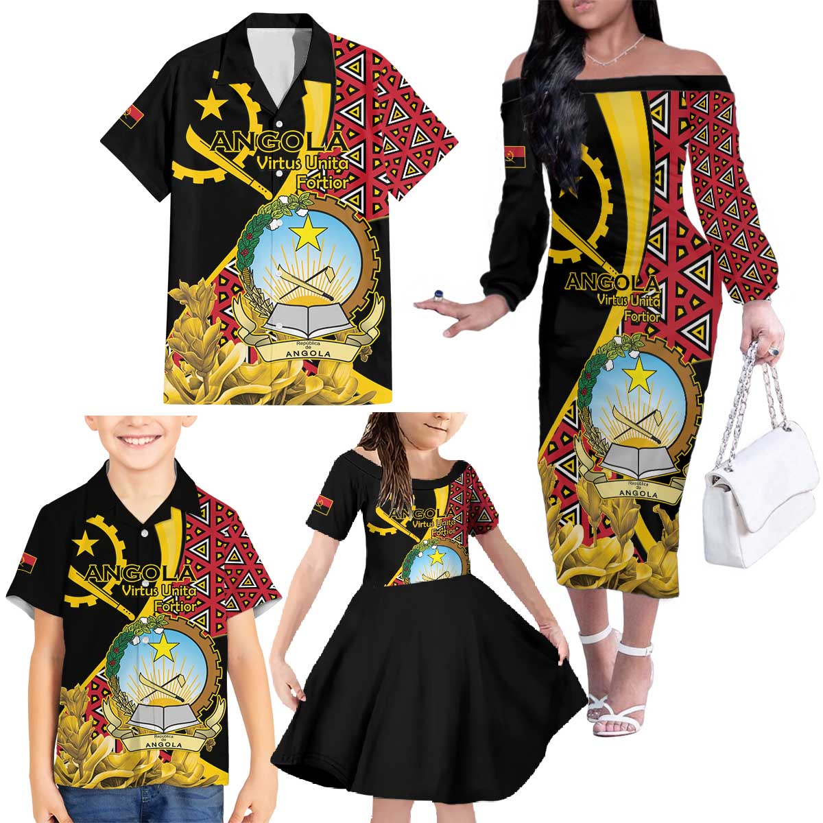 Personalized Angola Family Matching Off The Shoulder Long Sleeve Dress and Hawaiian Shirt Coat Of Arms Welwitschia Mirabilis