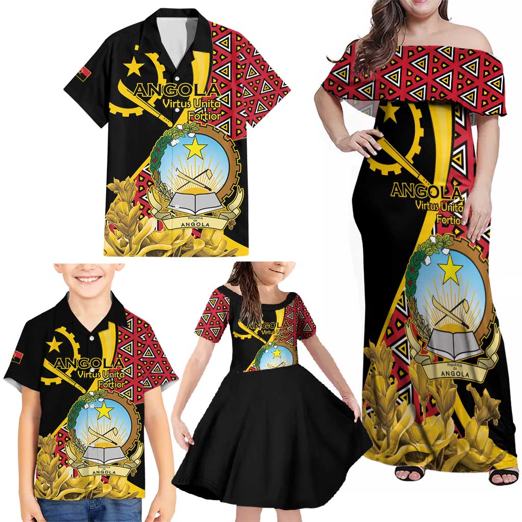 Personalized Angola Family Matching Off Shoulder Maxi Dress and Hawaiian Shirt Coat Of Arms Welwitschia Mirabilis