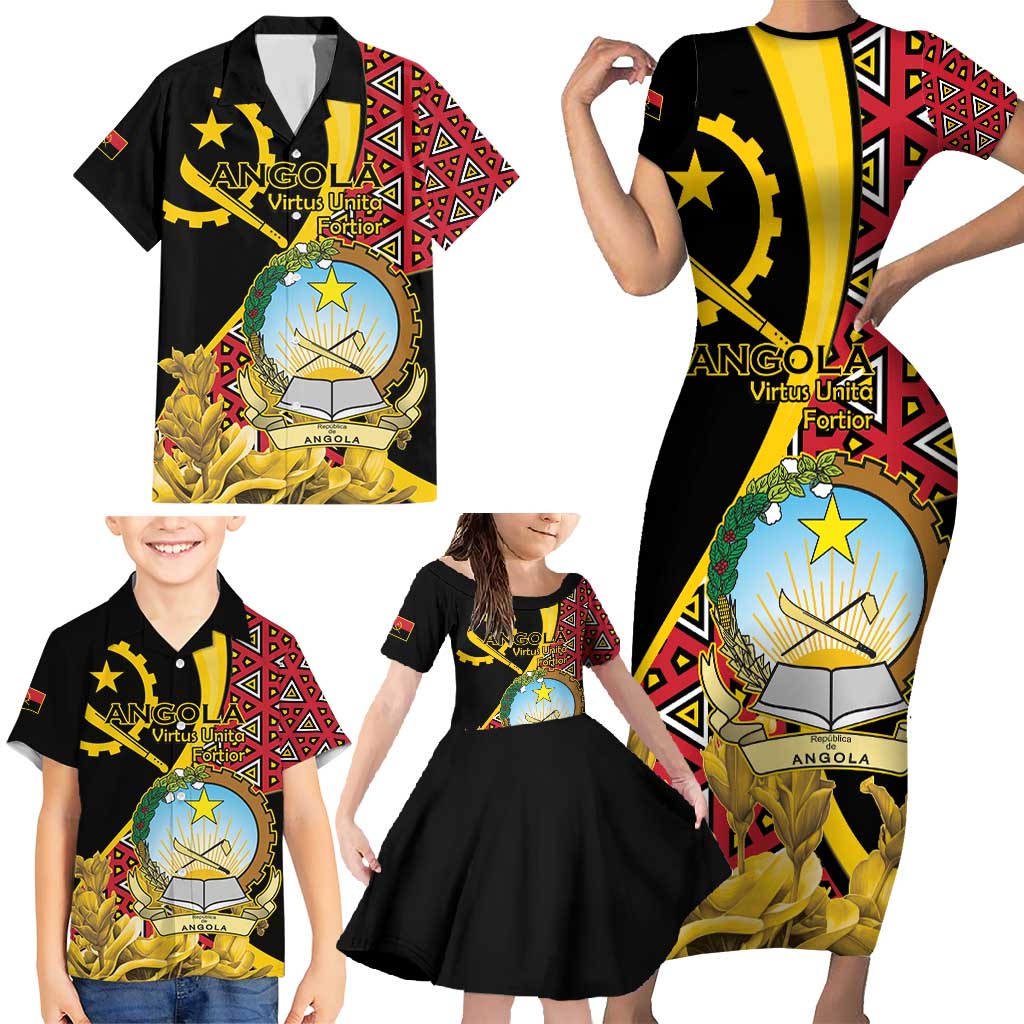 Personalized Angola Family Matching Short Sleeve Bodycon Dress and Hawaiian Shirt Coat Of Arms Welwitschia Mirabilis