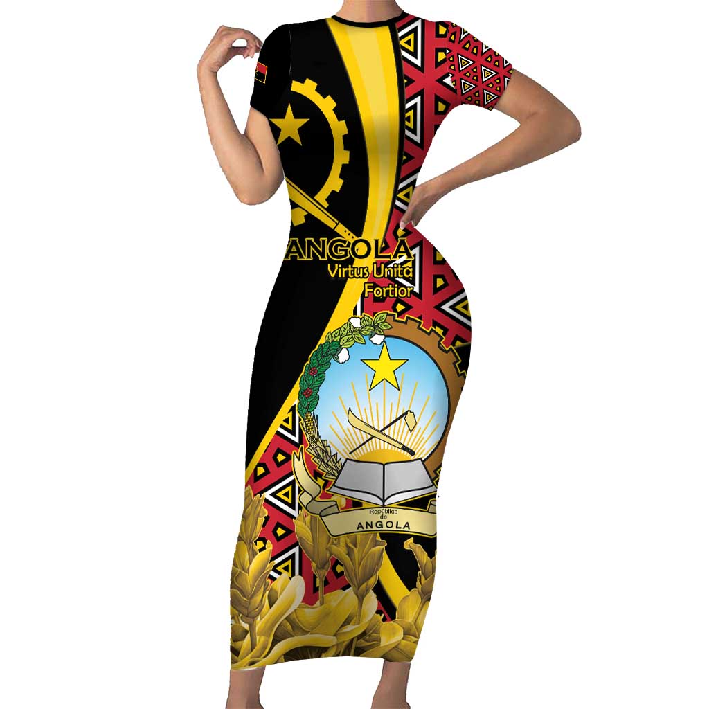 Personalized Angola Family Matching Short Sleeve Bodycon Dress and Hawaiian Shirt Coat Of Arms Welwitschia Mirabilis