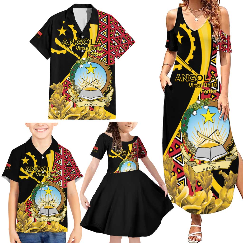 Personalized Angola Family Matching Summer Maxi Dress and Hawaiian Shirt Coat Of Arms Welwitschia Mirabilis