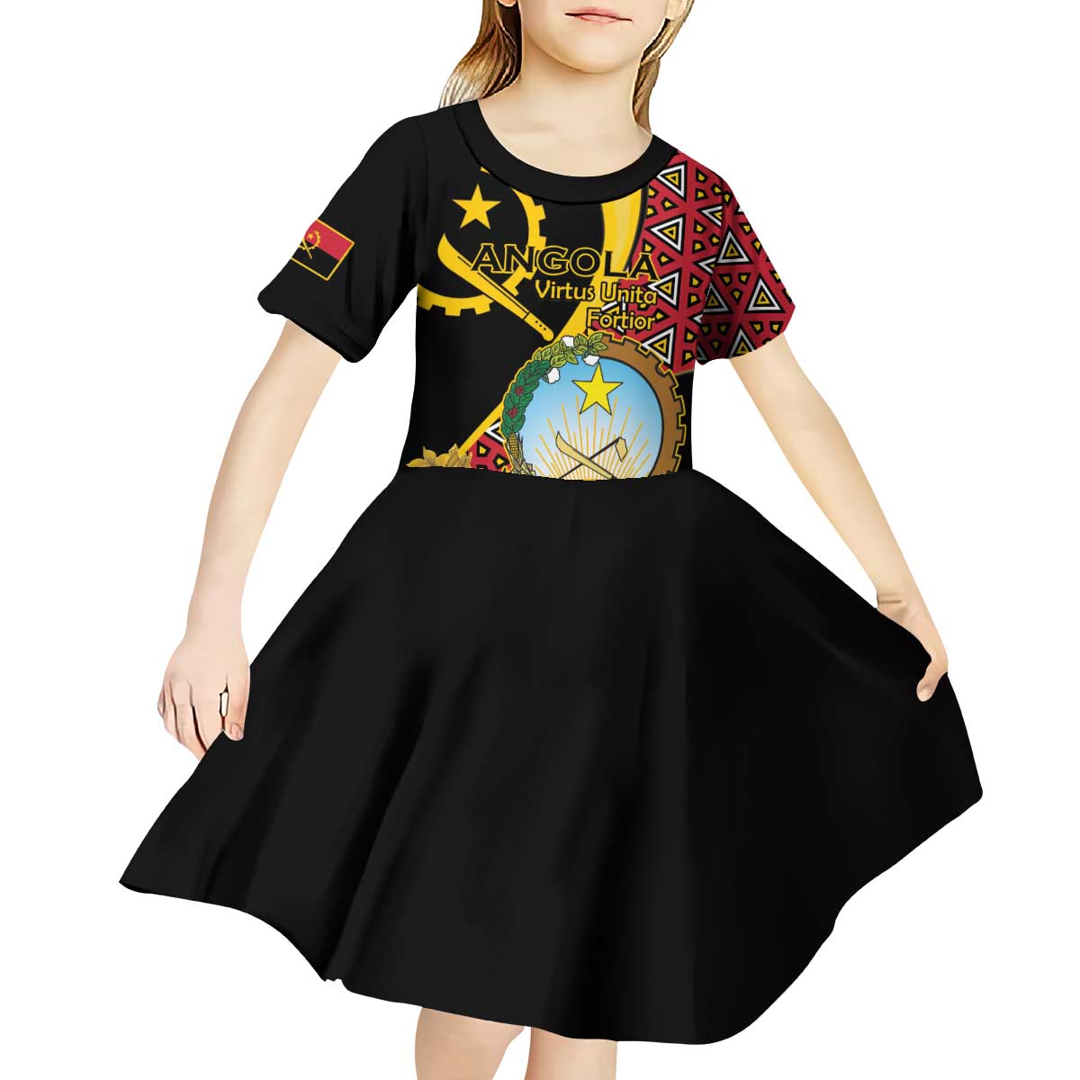 Personalized Angola Kid Short Sleeve Dress Coat Of Arms Welwitschia Mirabilis