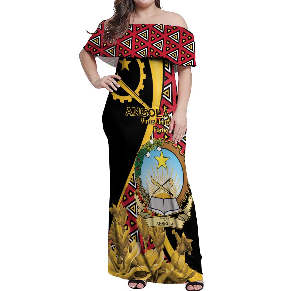 Personalized Angola Off Shoulder Maxi Dress Coat Of Arms Welwitschia Mirabilis