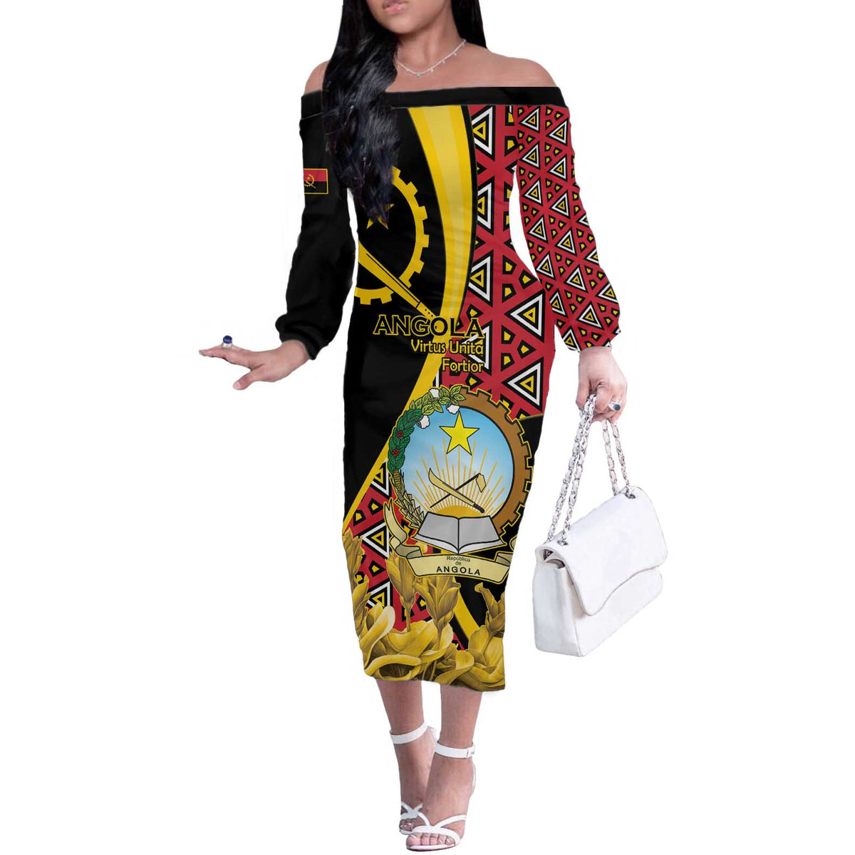 Personalized Angola Off The Shoulder Long Sleeve Dress Coat Of Arms Welwitschia Mirabilis