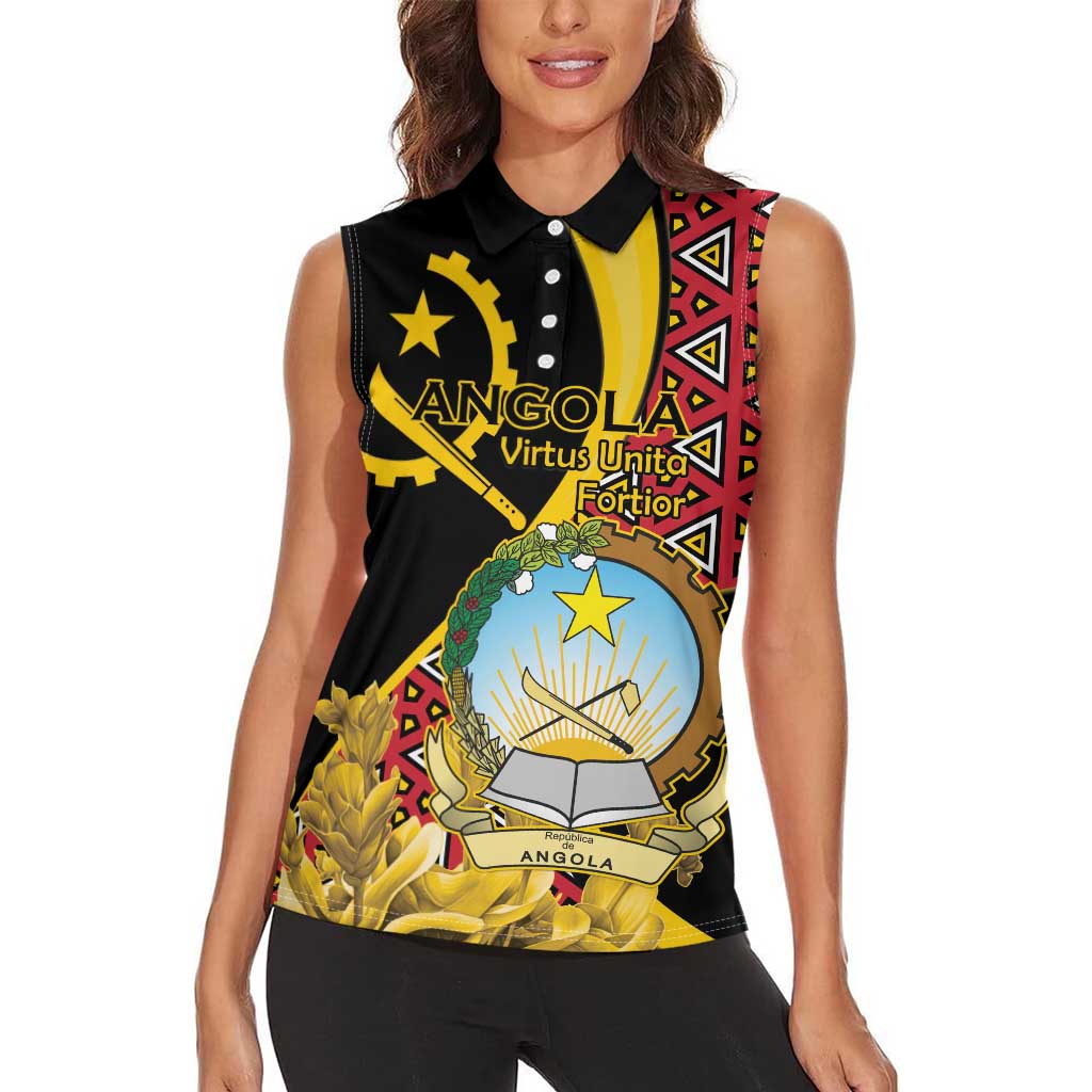 Personalized Angola Women Sleeveless Polo Shirt Coat Of Arms Welwitschia Mirabilis
