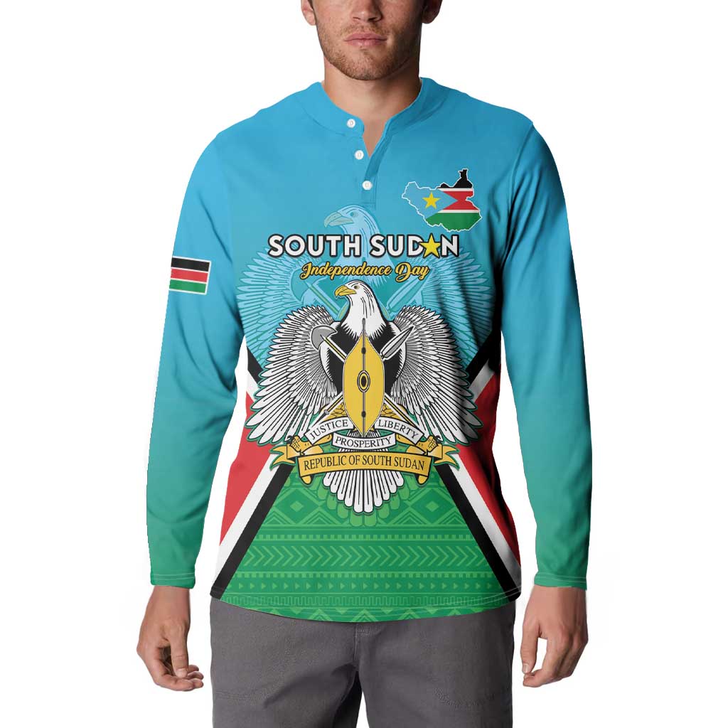 Personalised South Sudan Independence Day Button Sweatshirt Coat Of Arms With Flag Map - Wonder Print Shop