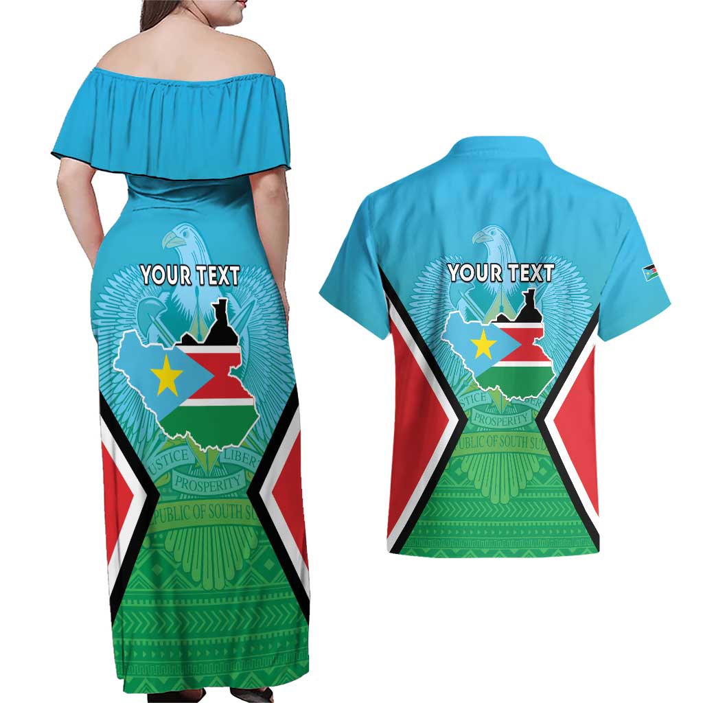 Personalised South Sudan Independence Day Couples Matching Off Shoulder Maxi Dress and Hawaiian Shirt Coat Of Arms With Flag Map - Wonder Print Shop