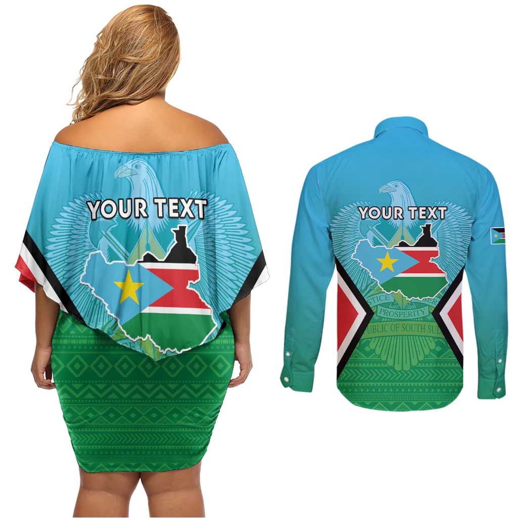 Personalised South Sudan Independence Day Couples Matching Off Shoulder Short Dress and Long Sleeve Button Shirt Coat Of Arms With Flag Map - Wonder Print Shop