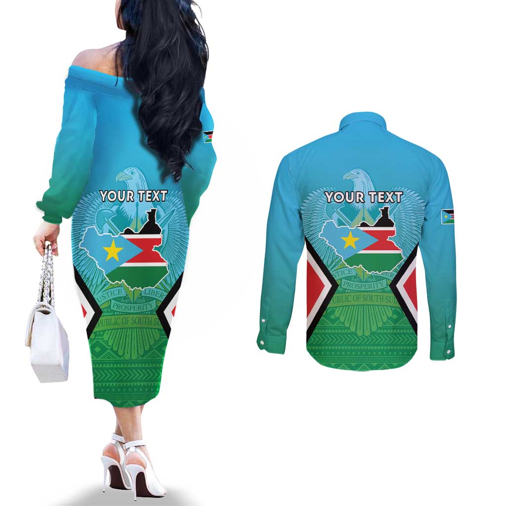 Personalised South Sudan Independence Day Couples Matching Off The Shoulder Long Sleeve Dress and Long Sleeve Button Shirt Coat Of Arms With Flag Map