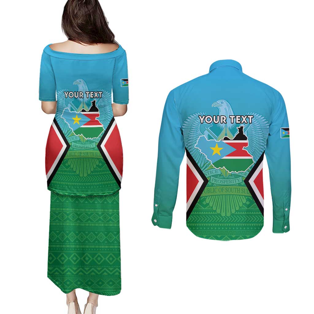 Personalised South Sudan Independence Day Couples Matching Puletasi and Long Sleeve Button Shirt Coat Of Arms With Flag Map - Wonder Print Shop