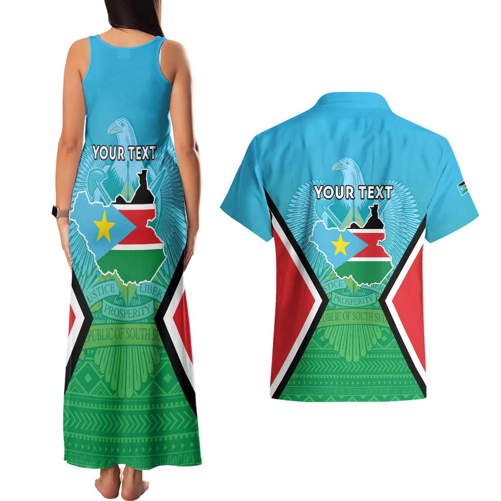Personalised South Sudan Independence Day Couples Matching Tank Maxi Dress and Hawaiian Shirt Coat Of Arms With Flag Map - Wonder Print Shop