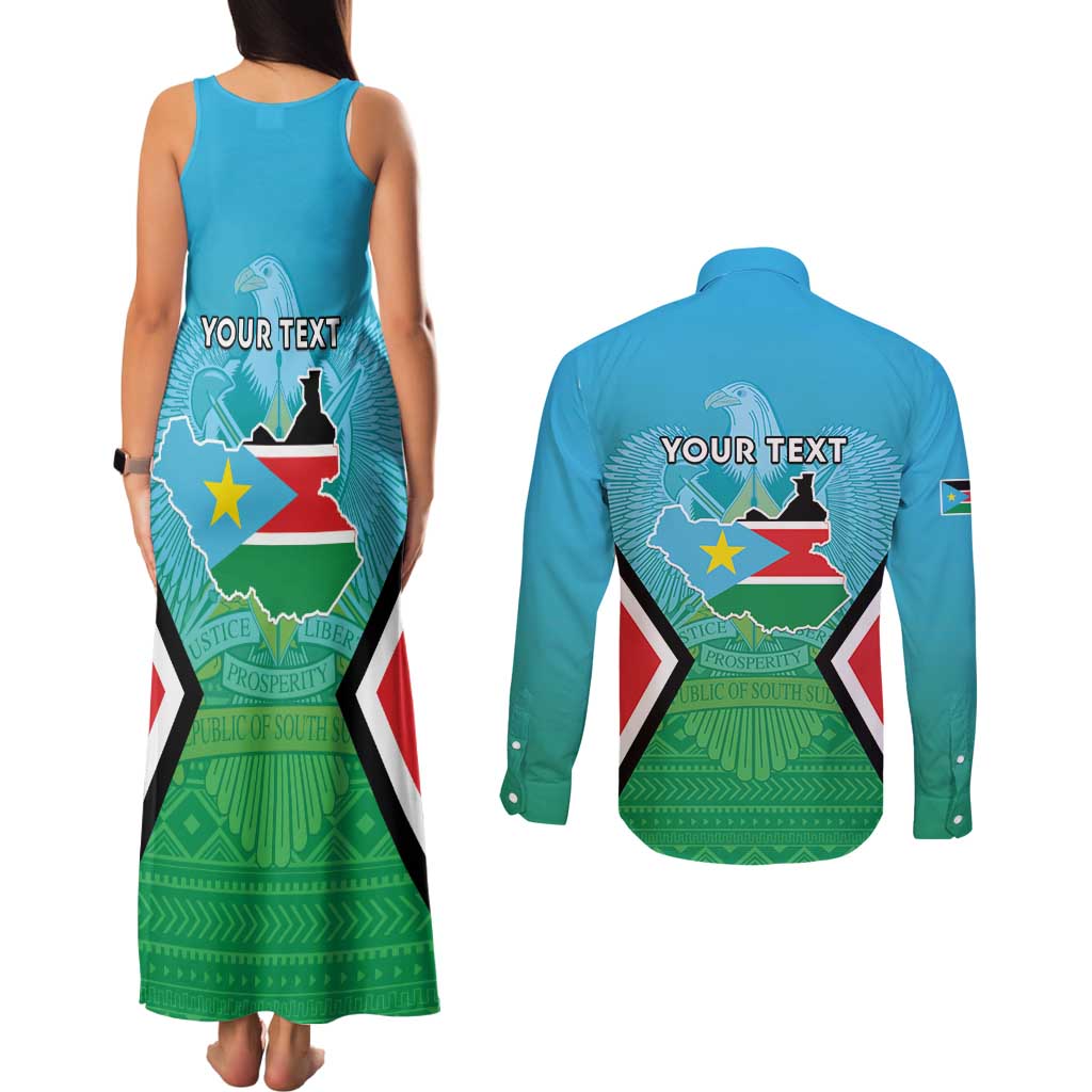 Personalised South Sudan Independence Day Couples Matching Tank Maxi Dress and Long Sleeve Button Shirt Coat Of Arms With Flag Map - Wonder Print Shop