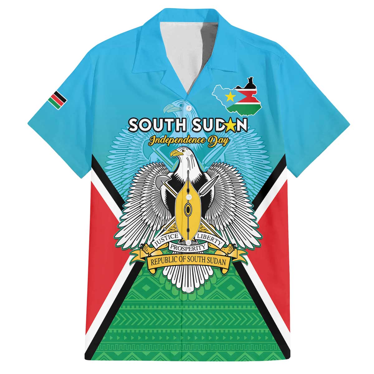 Personalised South Sudan Independence Day Family Matching Off The Shoulder Long Sleeve Dress and Hawaiian Shirt Coat Of Arms With Flag Map - Wonder Print Shop