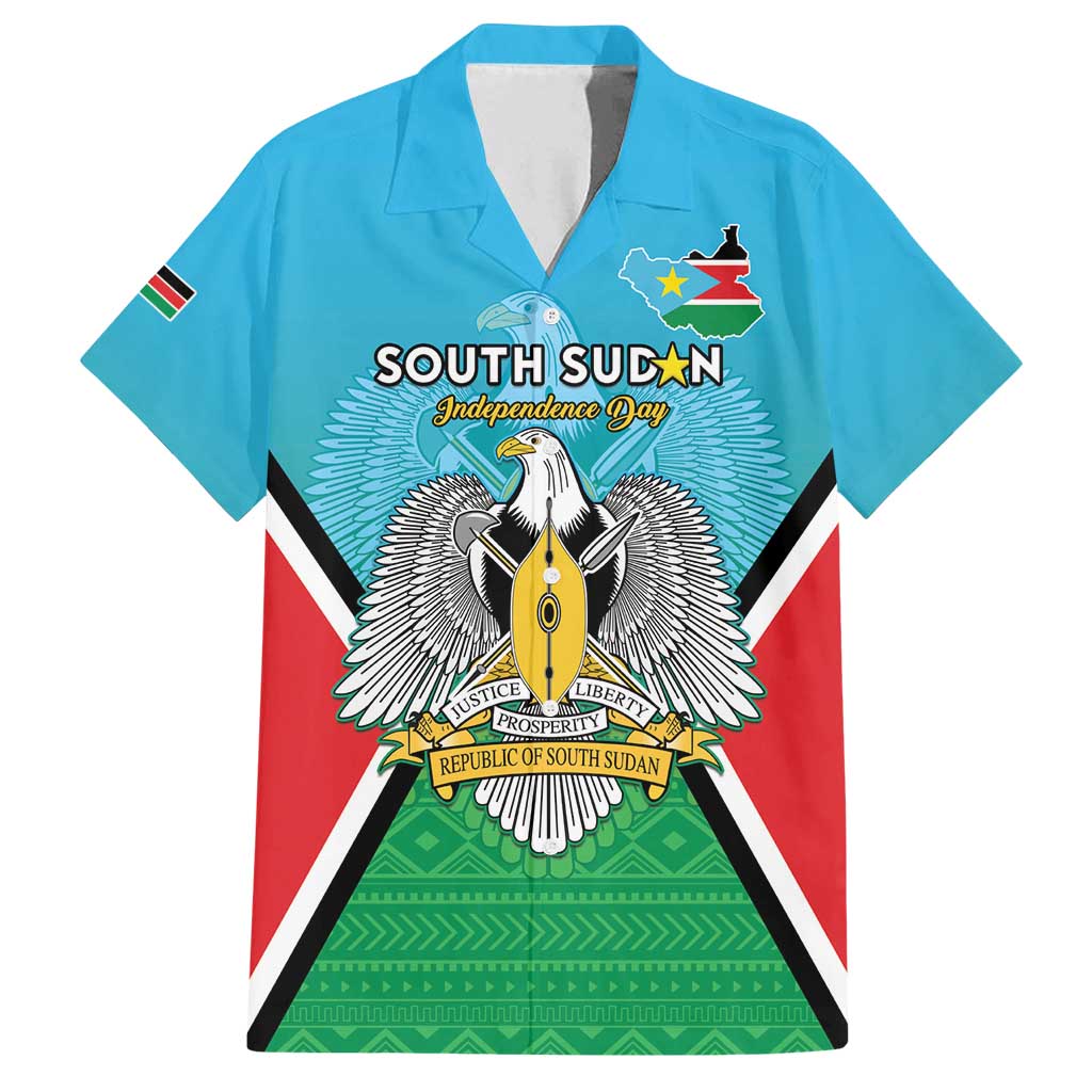 Personalised South Sudan Independence Day Family Matching Off Shoulder Short Dress and Hawaiian Shirt Coat Of Arms With Flag Map - Wonder Print Shop