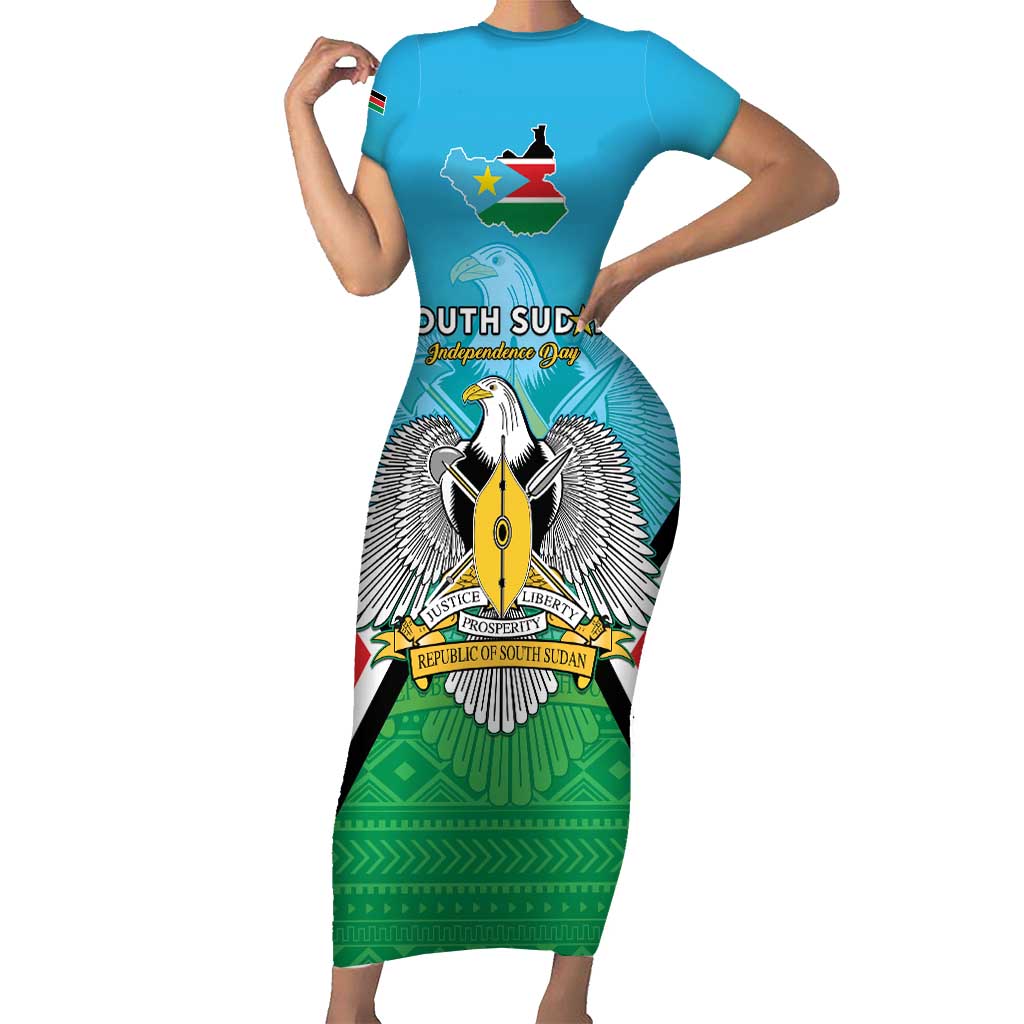 Personalised South Sudan Independence Day Family Matching Short Sleeve Bodycon Dress and Hawaiian Shirt Coat Of Arms With Flag Map - Wonder Print Shop