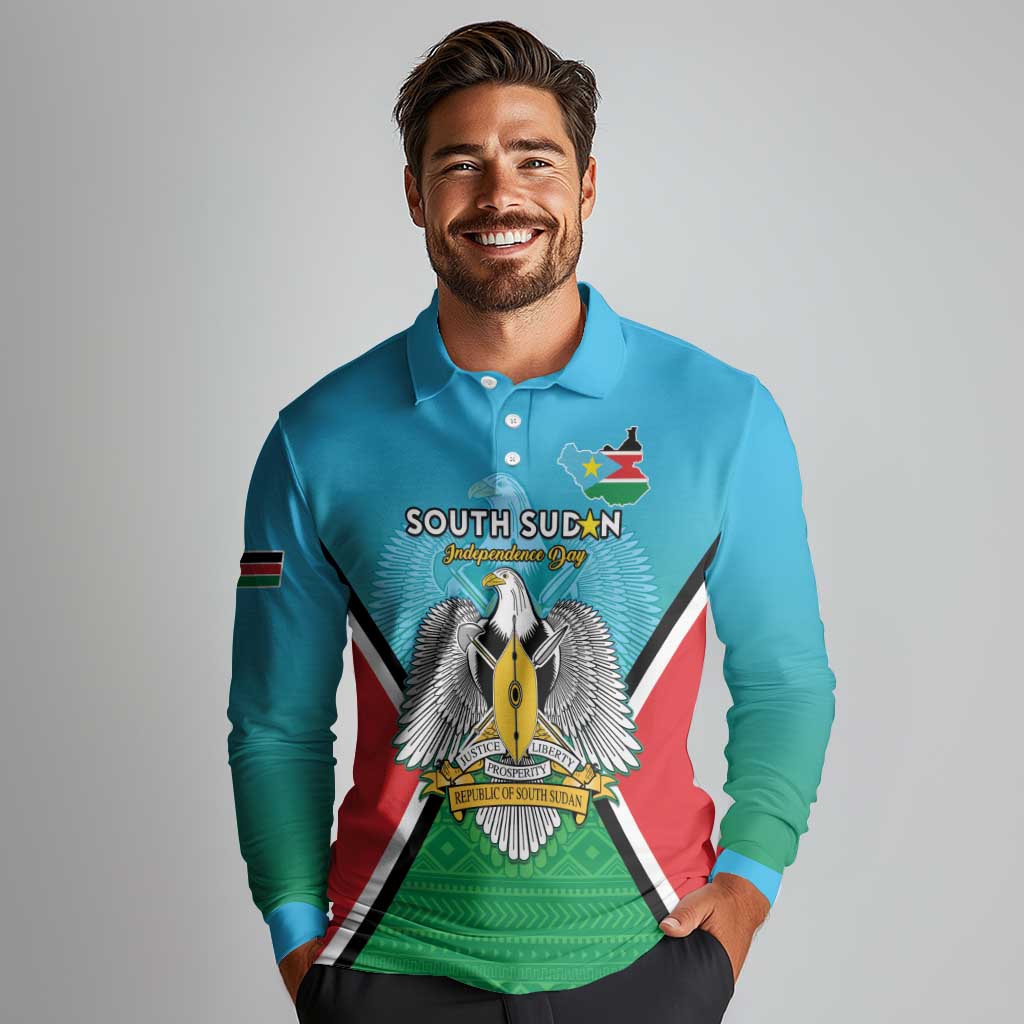 Personalised South Sudan Independence Day Long Sleeve Polo Shirt Coat Of Arms With Flag Map - Wonder Print Shop