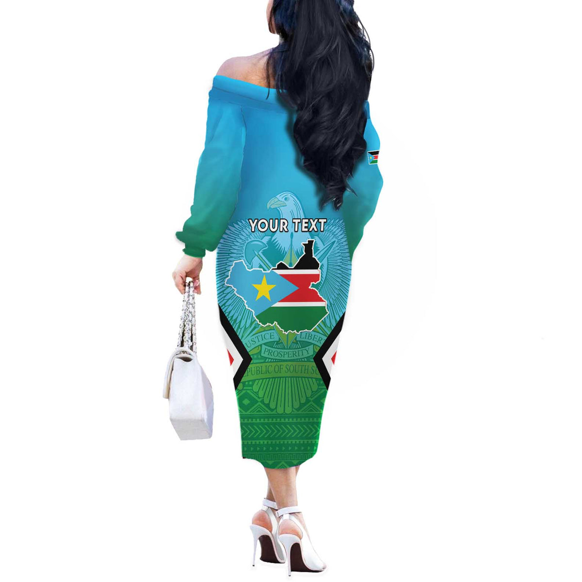 Personalised South Sudan Independence Day Off The Shoulder Long Sleeve Dress Coat Of Arms With Flag Map - Wonder Print Shop
