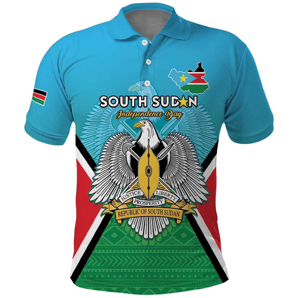 Personalised South Sudan Independence Day Polo Shirt Coat Of Arms With Flag Map - Wonder Print Shop
