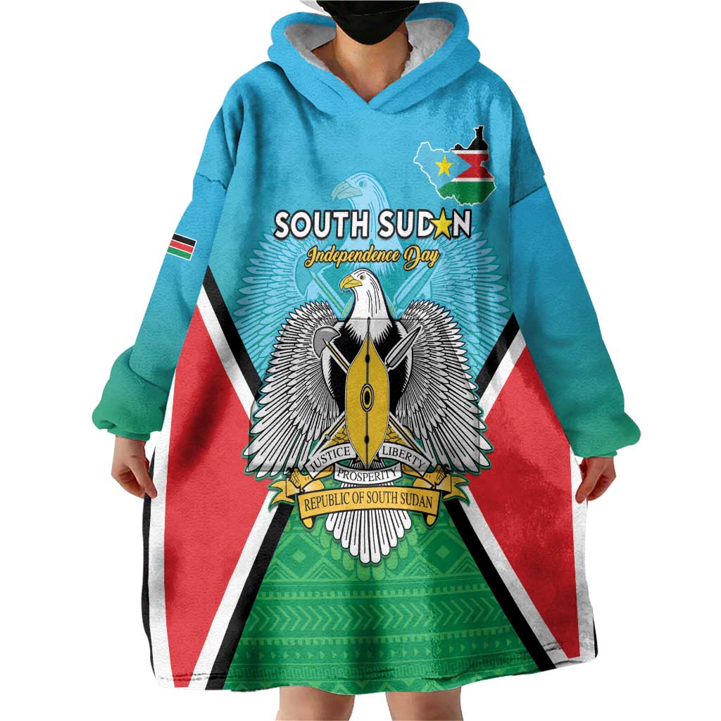 Personalised South Sudan Independence Day Wearable Blanket Hoodie Coat Of Arms With Flag Map - Wonder Print Shop