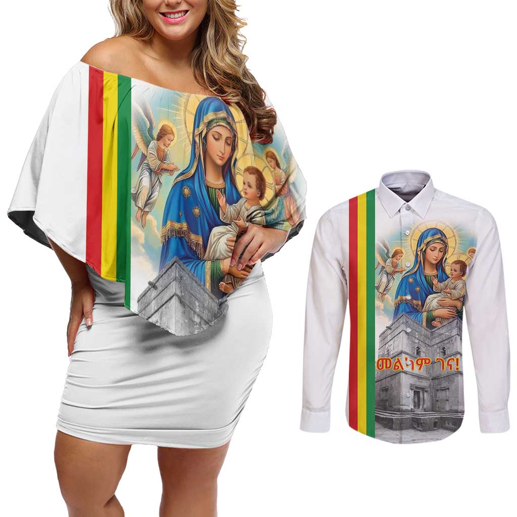 Ethiopian Christmas Couples Matching Off Shoulder Short Dress and Long Sleeve Button Shirt Saint Mary Lalibela Churches - Wonder Print Shop