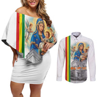 Ethiopian Christmas Couples Matching Off Shoulder Short Dress and Long Sleeve Button Shirt Saint Mary Lalibela Churches - Wonder Print Shop