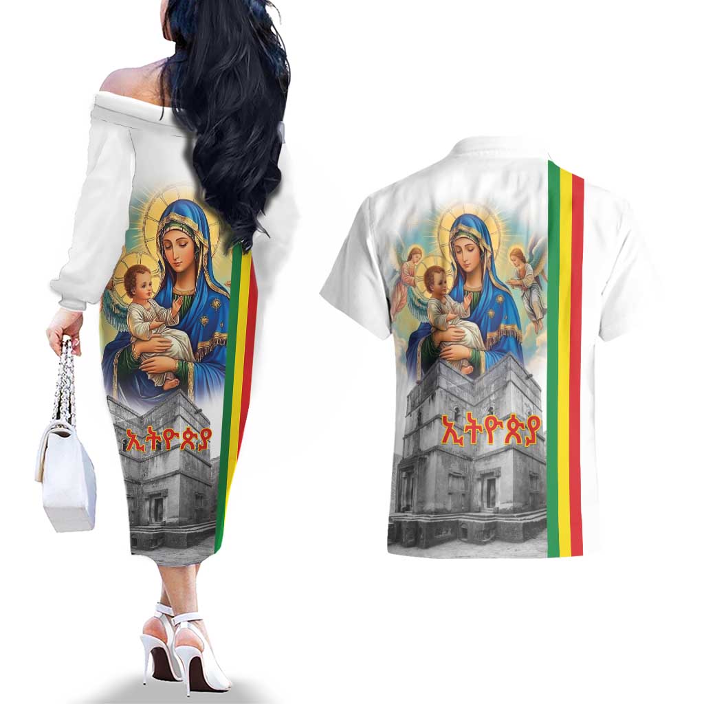 Ethiopian Christmas Couples Matching Off The Shoulder Long Sleeve Dress and Hawaiian Shirt Saint Mary Lalibela Churches - Wonder Print Shop
