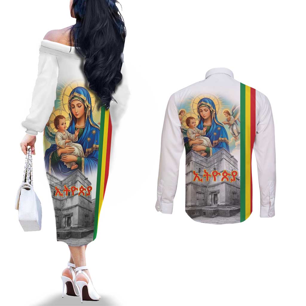 Ethiopian Christmas Couples Matching Off The Shoulder Long Sleeve Dress and Long Sleeve Button Shirt Saint Mary Lalibela Churches