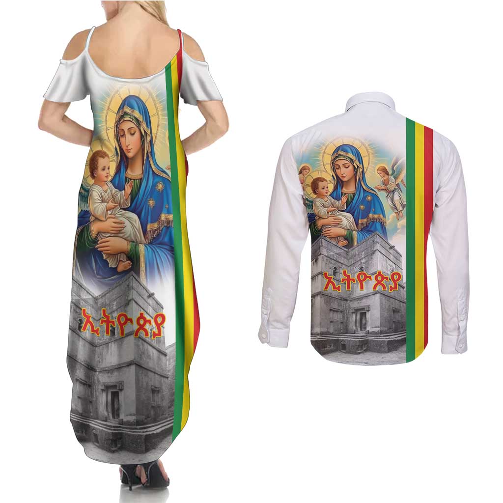 Ethiopian Christmas Couples Matching Summer Maxi Dress and Long Sleeve Button Shirt Saint Mary Lalibela Churches - Wonder Print Shop