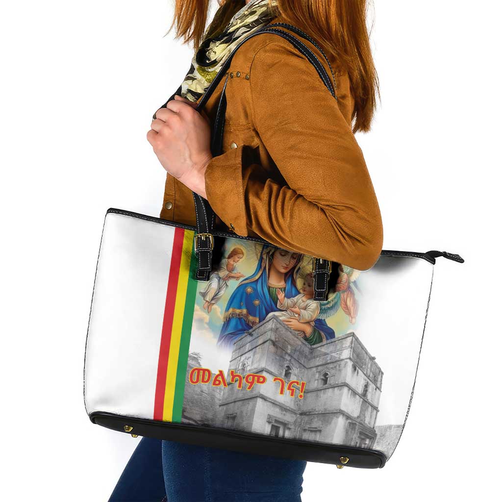 Ethiopian Christmas Leather Tote Bag Saint Mary Lalibela Churches - Wonder Print Shop