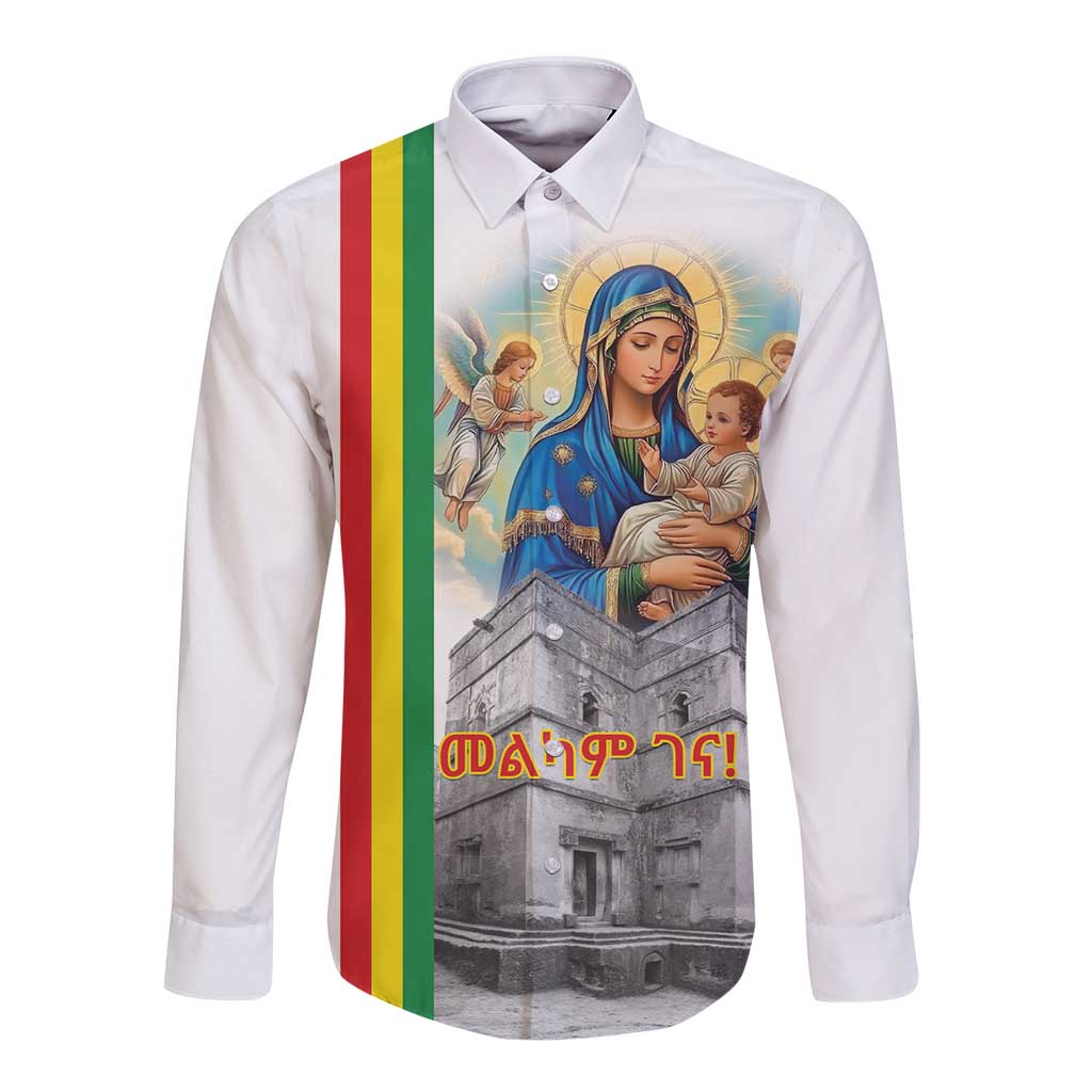 Ethiopian Christmas Long Sleeve Button Shirt Saint Mary Lalibela Churches - Wonder Print Shop