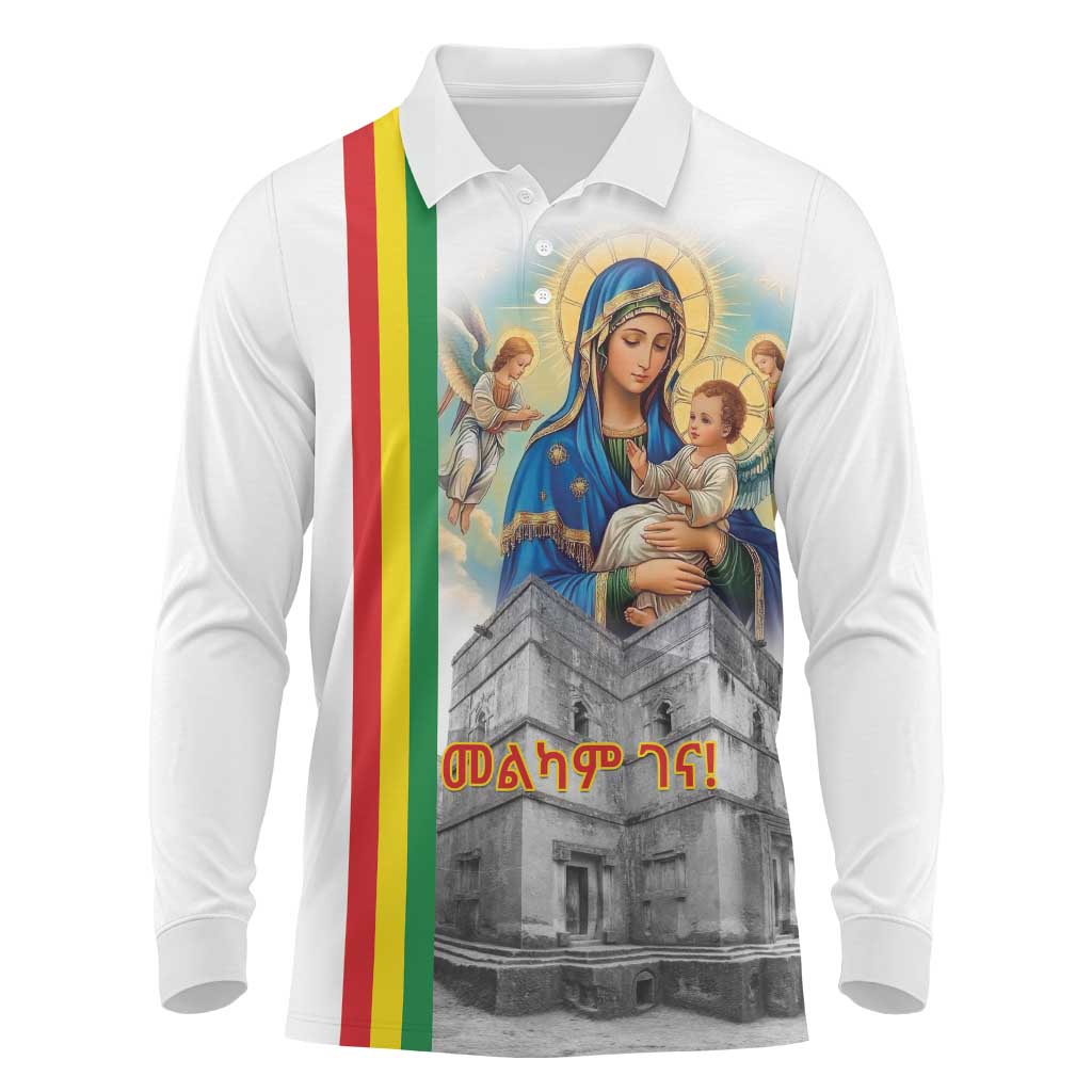 Ethiopian Christmas Long Sleeve Polo Shirt Saint Mary Lalibela Churches - Wonder Print Shop