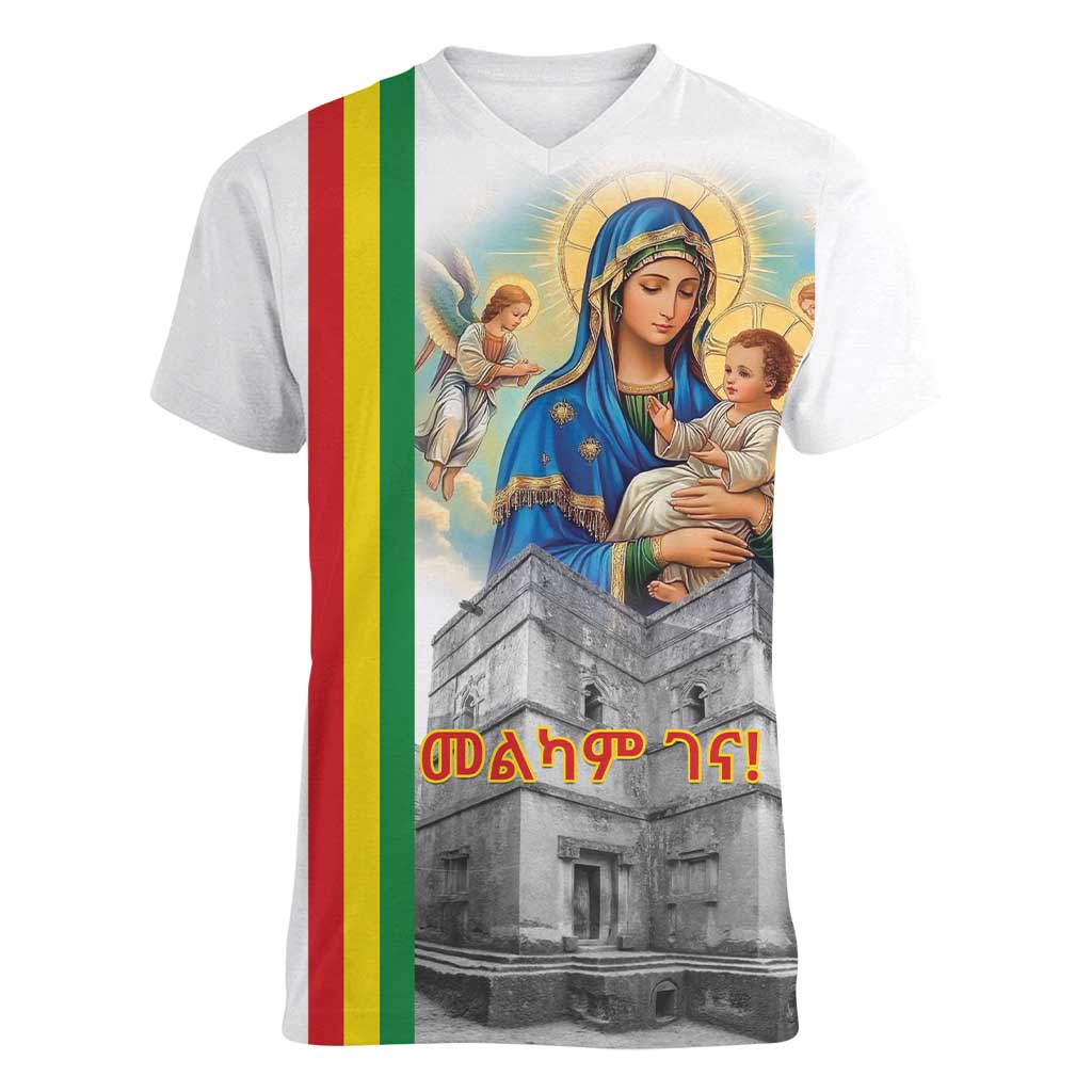 Ethiopian Christmas Women V-Neck T-Shirt Saint Mary Lalibela Churches - Wonder Print Shop