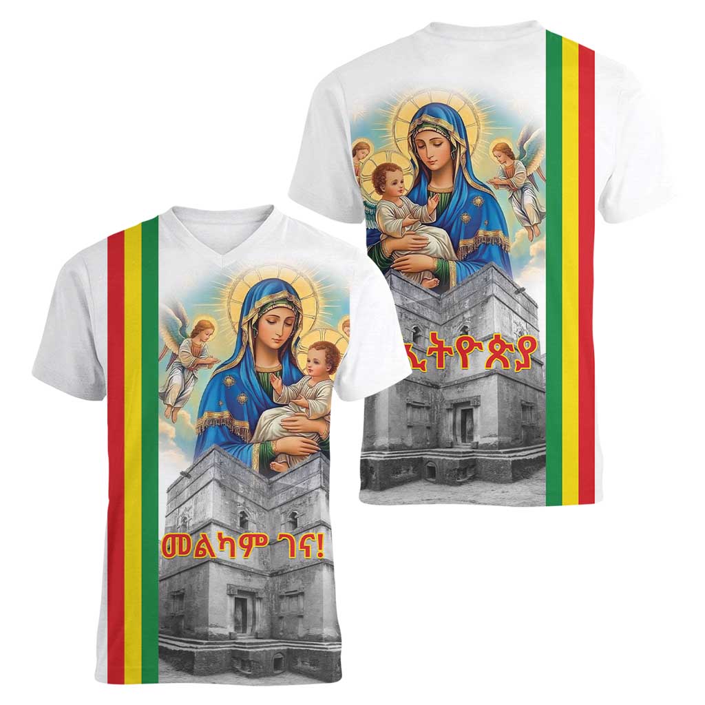 Ethiopian Christmas Women V-Neck T-Shirt Saint Mary Lalibela Churches - Wonder Print Shop