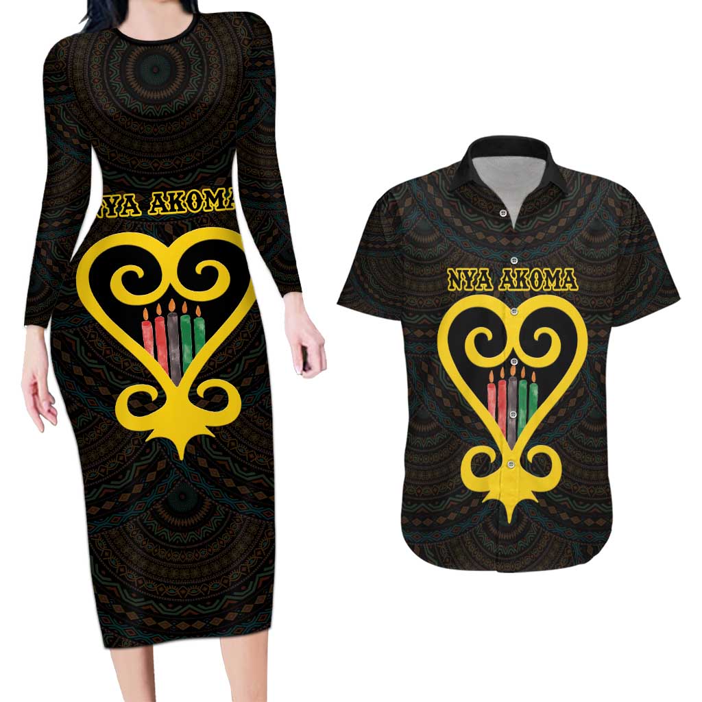 Personalised Happy Black Love Day Couples Matching Long Sleeve Bodycon Dress and Hawaiian Shirt Sankofa Heart With Adinkra Pattern